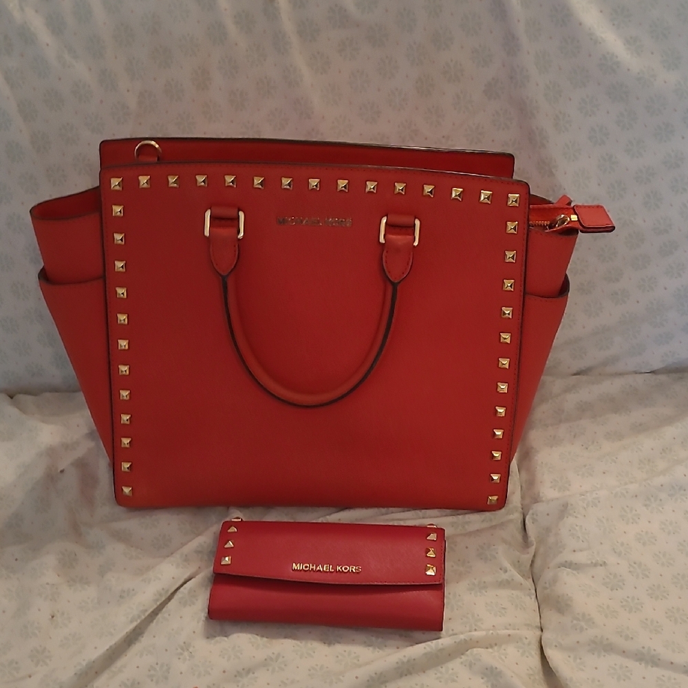 Michael Kors Red Tote with Gold Studs and New Matching Wallet.